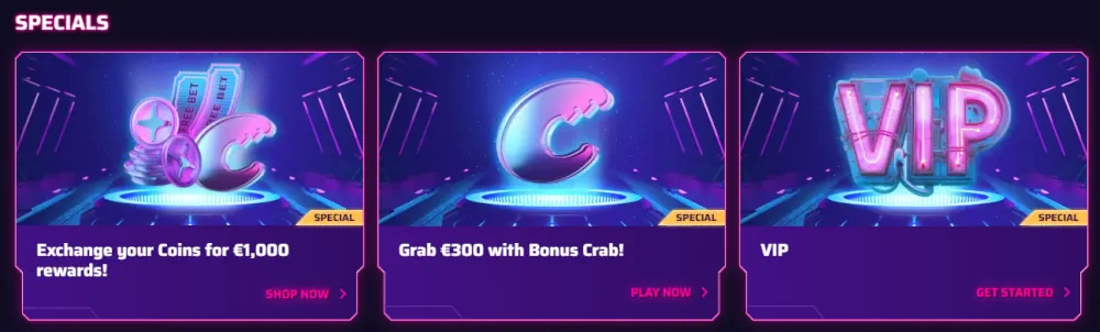 Section des promotions de Roby Casino avec échanges de jetons et récompenses VIP